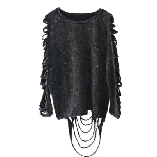 Black long-sleeve pullover top with slashed, lace-up sleeves and chest pocket
