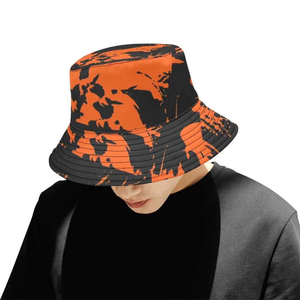 BigTexFunkadelic black and orange bucket hat with paint-splatter graffiti, wide brim