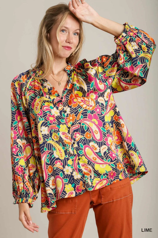 Multicolor satin paisley button-up shirt with ruffle neckline and long sleeves