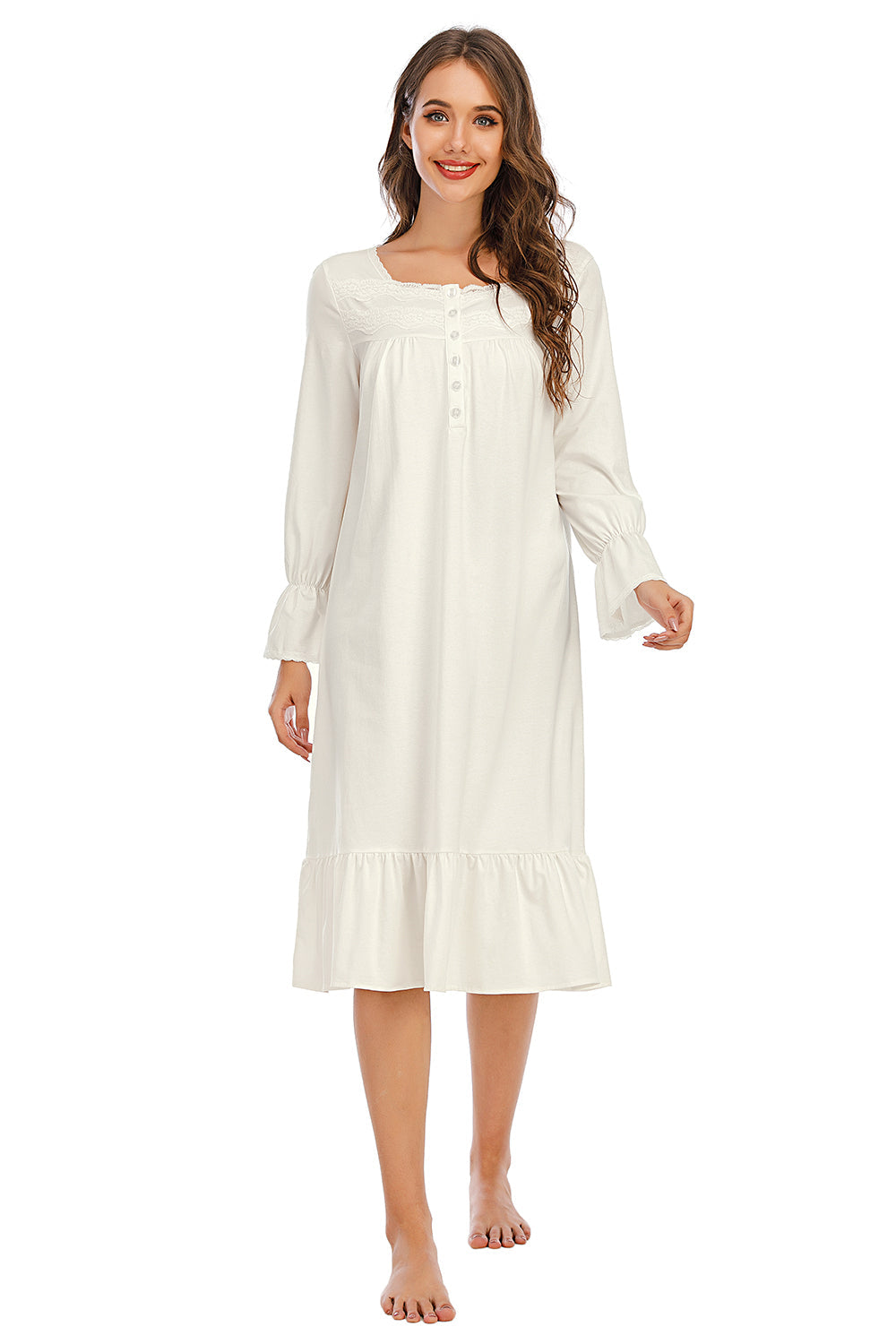White nightdress with flounce sleeves and ruffled hem, button-front detail