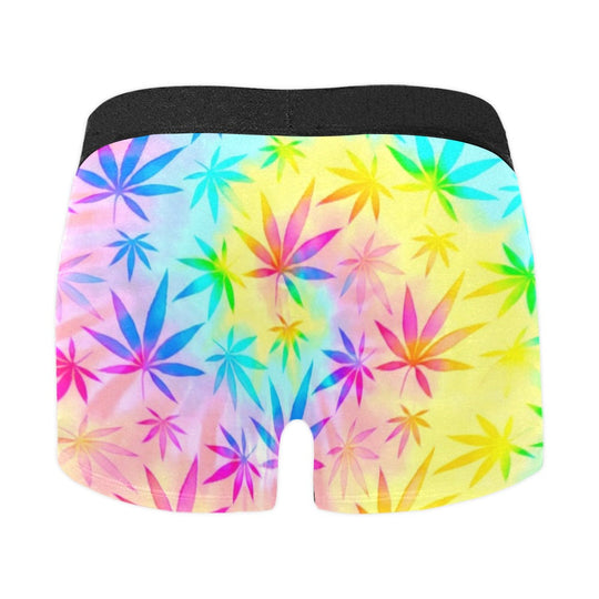 Rainbow weed tie-dye boxer briefs front view, black waistband with leafburst print.