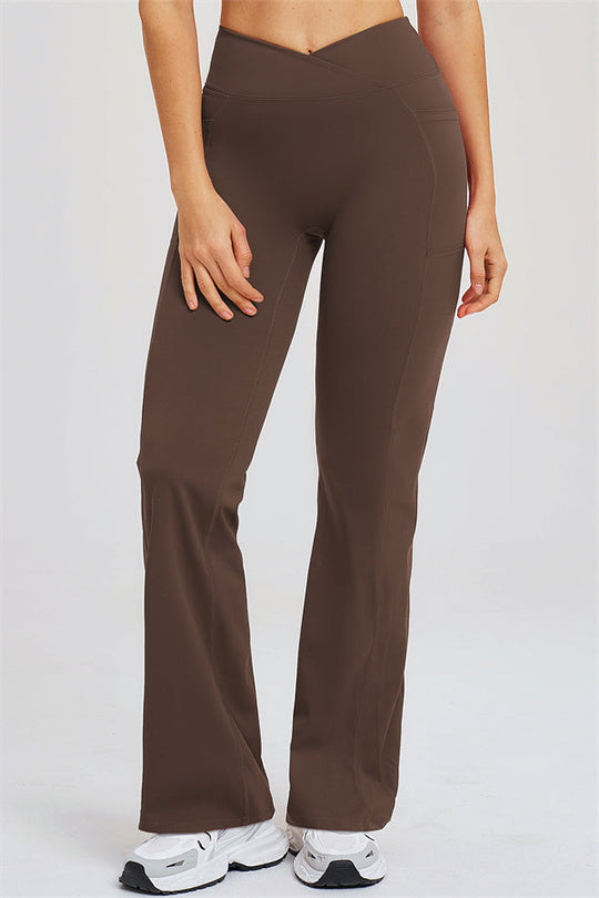 Taupe flared leggings with high-waist fit and subtle contour stitching