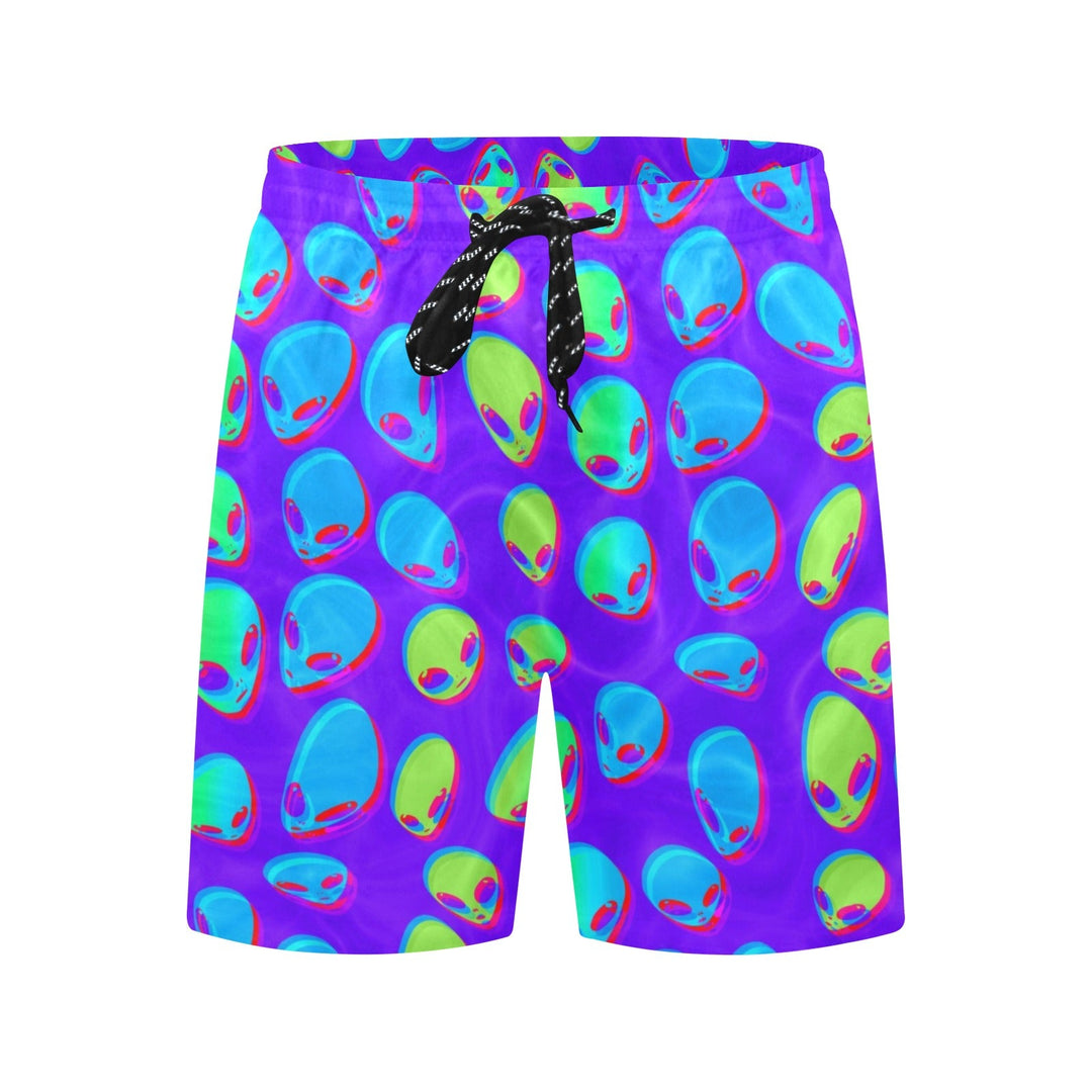 Purple alien swim shorts, colorful alien faces pattern and black rope drawstring