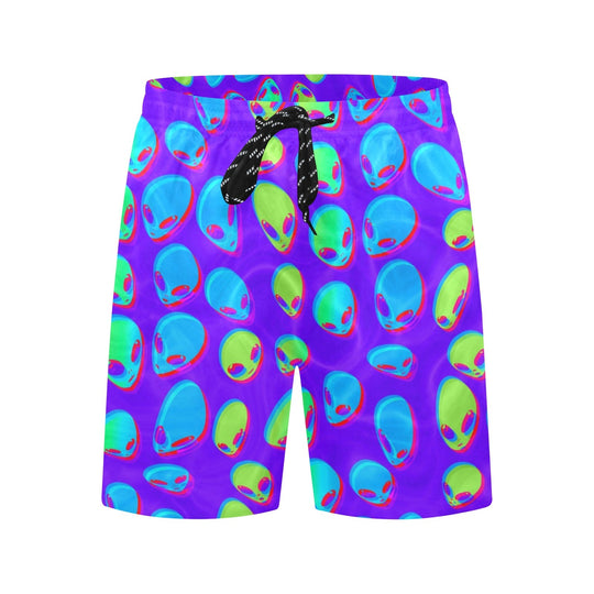 Purple alien swim shorts, colorful alien faces pattern and black rope drawstring