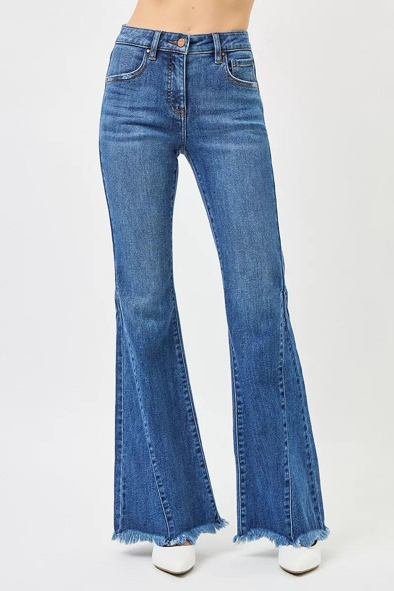 Mid-rise flare jeans in dark wash denim, button-fly waistband