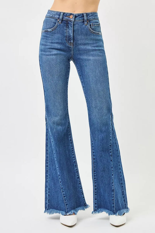 Mid-rise flare jeans in dark wash denim, button-fly waistband