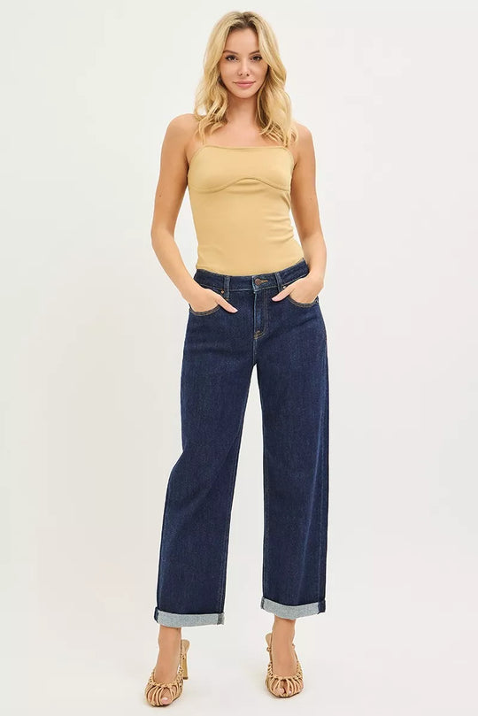 RISEN dark blue slouchy cropped boyfriend jeans with cuffed hem and belt loops