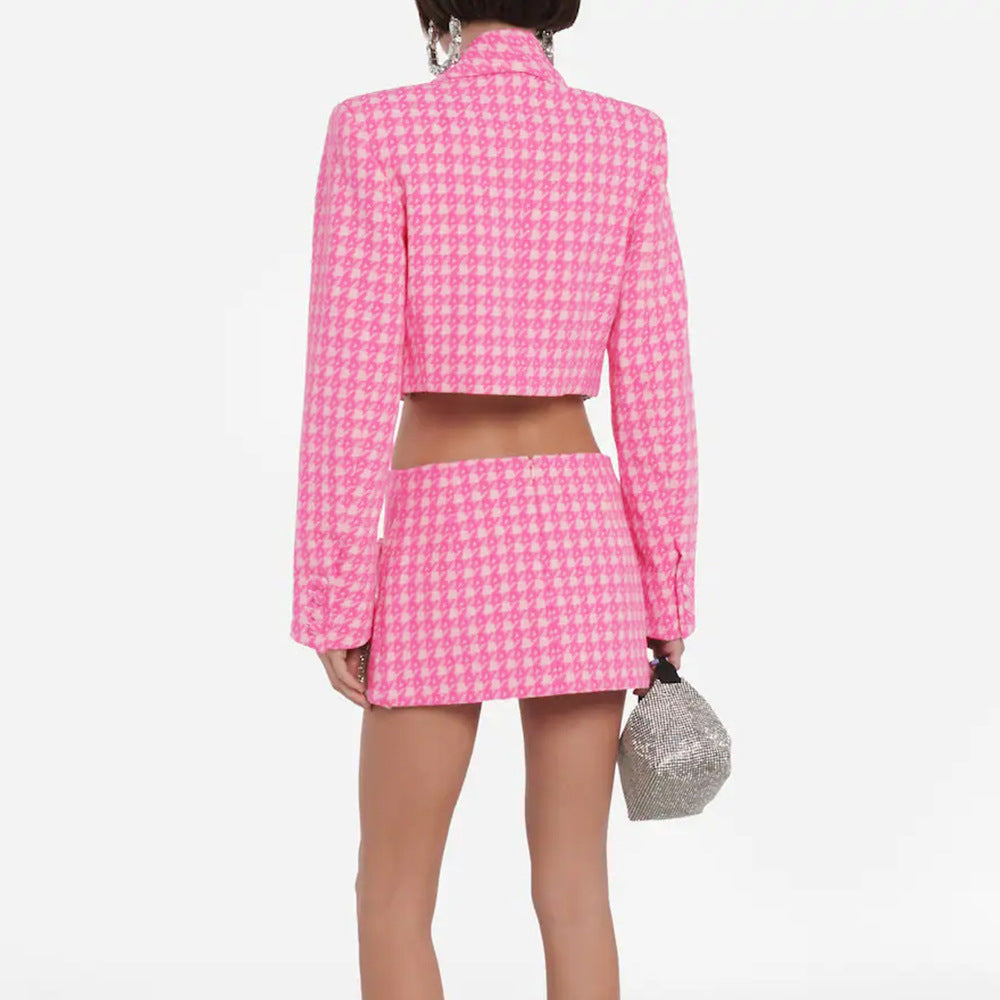 Pink knit coat and mini skirt set, back view with cropped coat length