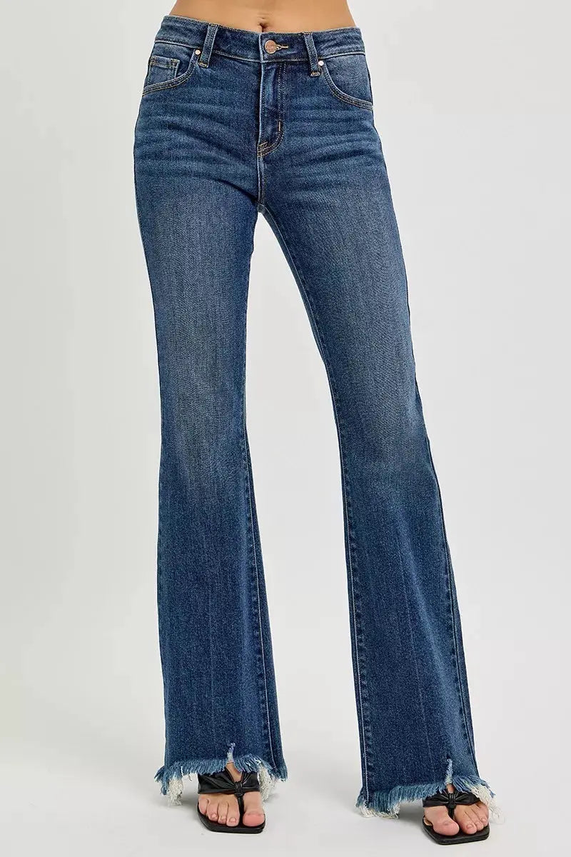 RISEN dark-wash mid-rise flare jeans with frayed bottom hem