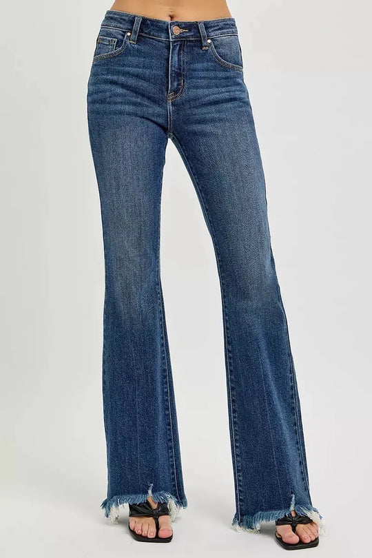 RISEN dark-wash mid-rise flare jeans with frayed bottom hem