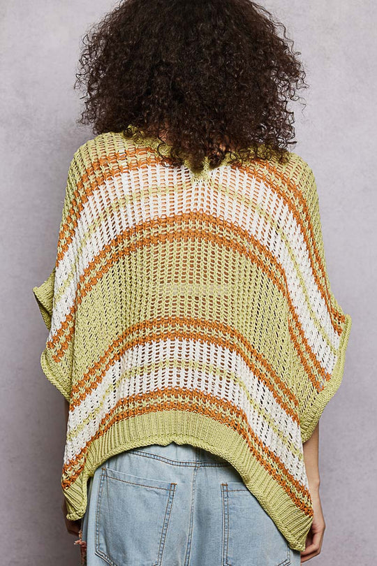 Camiseta de punto ligera con rayas naranja, blancas y verde lima, vista trasera