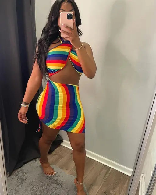 Rainbow tie-dye halter bodycon mini dress, side drape detail