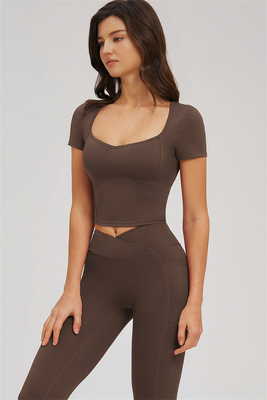 Taupe 2-piece set with fitted scoop-neck tee and high-rise leggings
