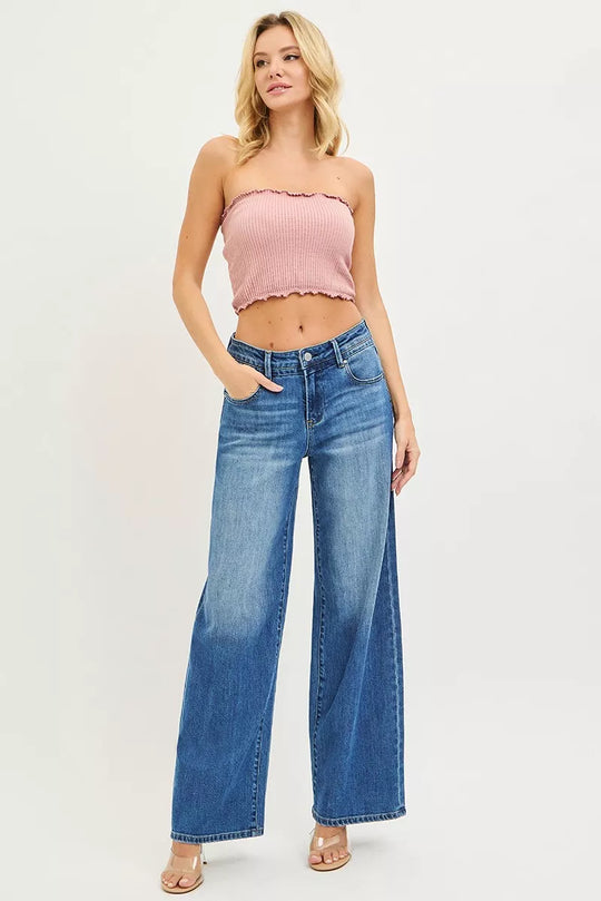 Medium-wash wide-leg baggy jeans with pockets, high rise, relaxed slouch fit