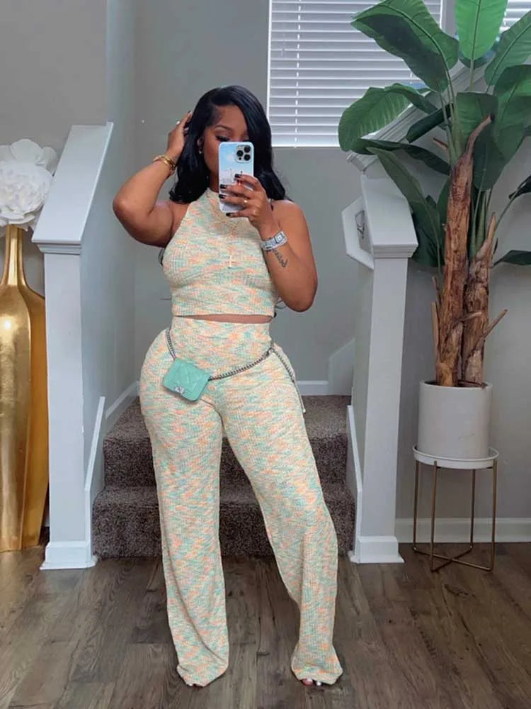 Women’s 2-piece knit set in mint with orange pattern: sleeveless crop top & wide-leg pants