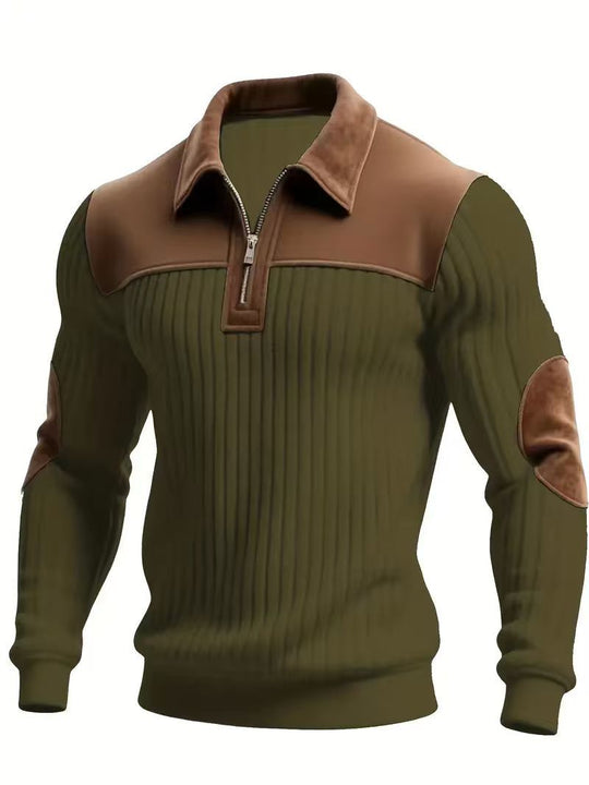 Patchwork-Strickpullover mit Reißverschluss, armygrün mit braunen Schulter- und Arm-Einsätzen