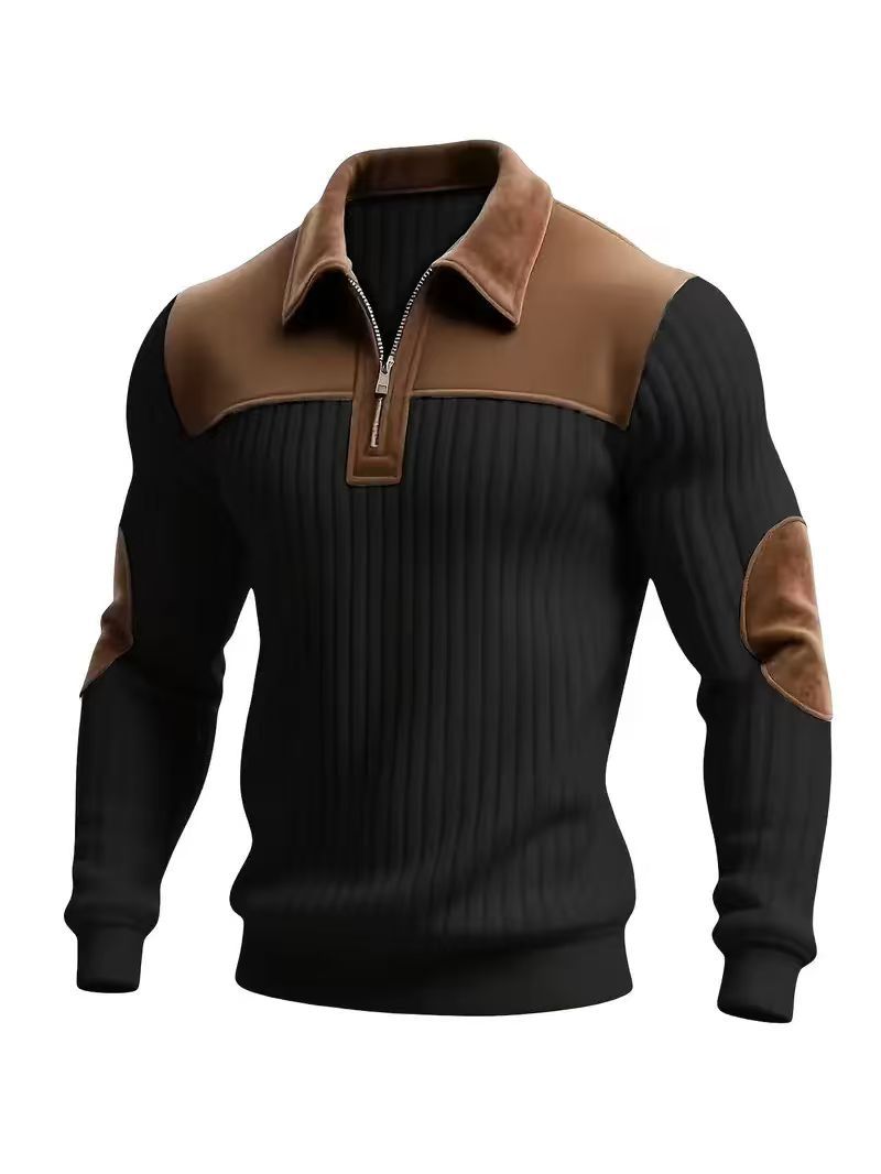Patchwork-Strickpullover mit Reißverschluss, schwarz mit braunem Kragen und Einsätzen