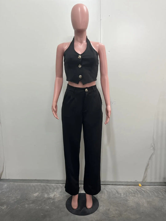 Two-piece dashiki tracksuit set: button-front vest and wide-leg pants, black