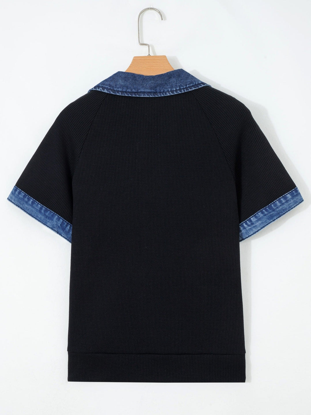 Black back view: denim-trim button-detail top with short denim cuffs