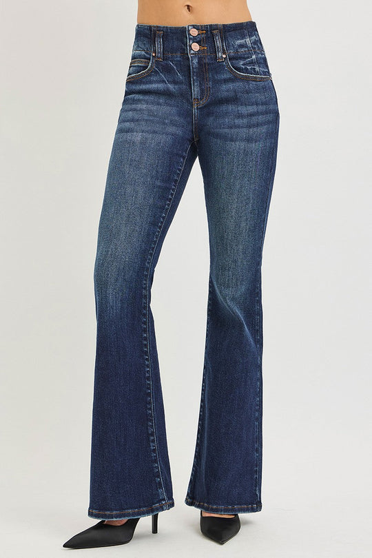 High-rise flare jeans, dark wash, seam-detail waistband and button-fly