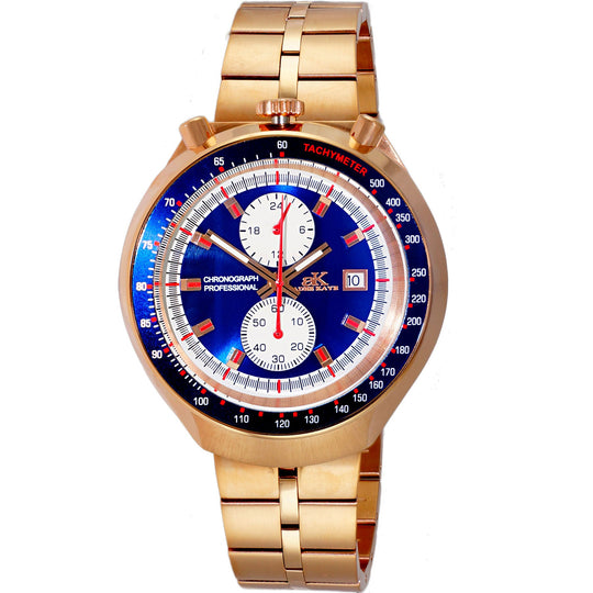 Gold-tone tachymeter chronograph wristwatch with blue face and metal link band