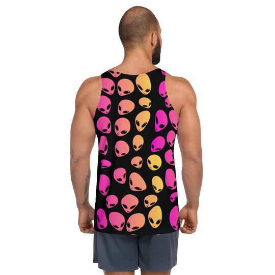 Back view of unisex tank top: black fabric with repeating pink and gold alien faces