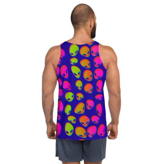 Neon alien blast unisex tank top, back view, purple with repeating alien-face print