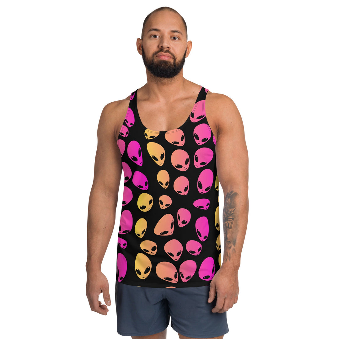 Unisex tank top in black with pink and gold alien face pattern, wide scoop neck