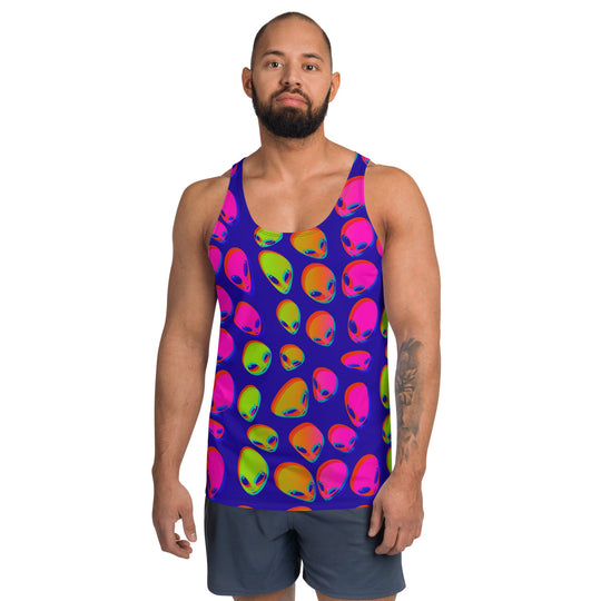 Neon alien blast unisex tank top, purple with colorful alien-face print