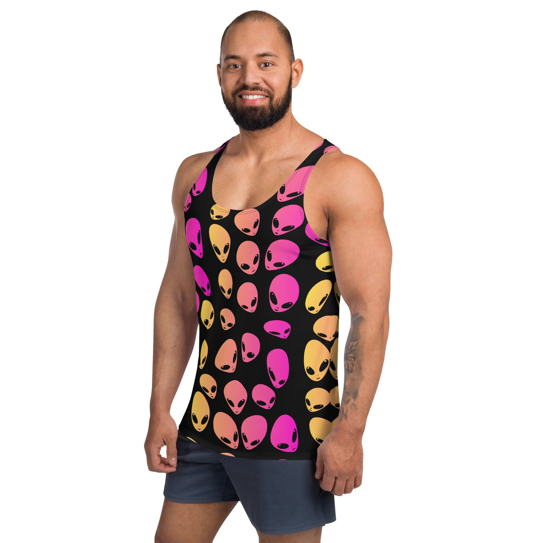 Alien ombre unisex tank top, black base with scattered pink, orange, and gold faces