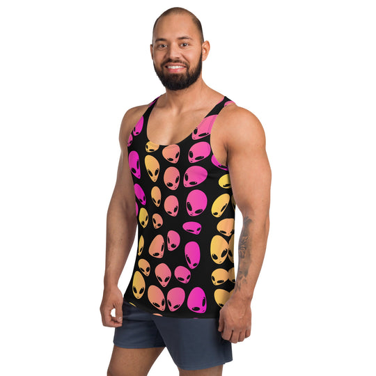 Alien ombre unisex tank top, black base with scattered pink, orange, and gold faces