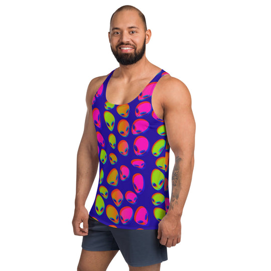 Neon alien blast unisex tank top, front view, purple with multicolor alien pattern