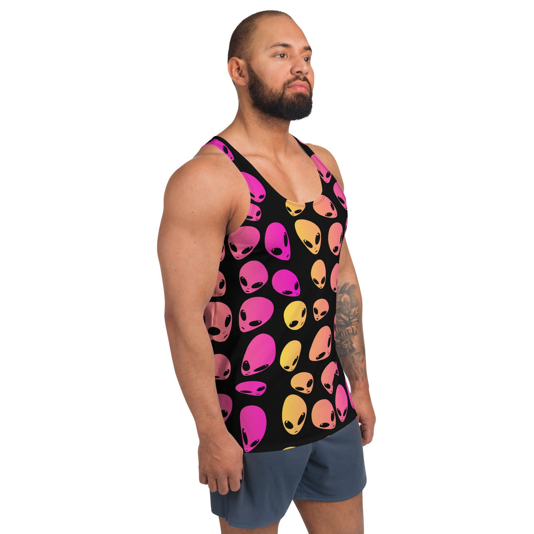 Side view of unisex tank top with black base and pink-orange alien face graphic
