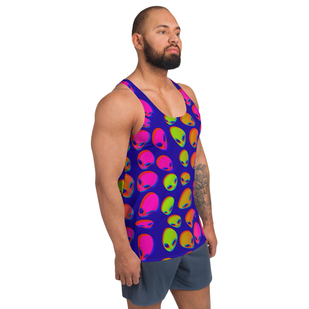 Neon alien blast unisex tank top, side view, purple with neon alien graphic