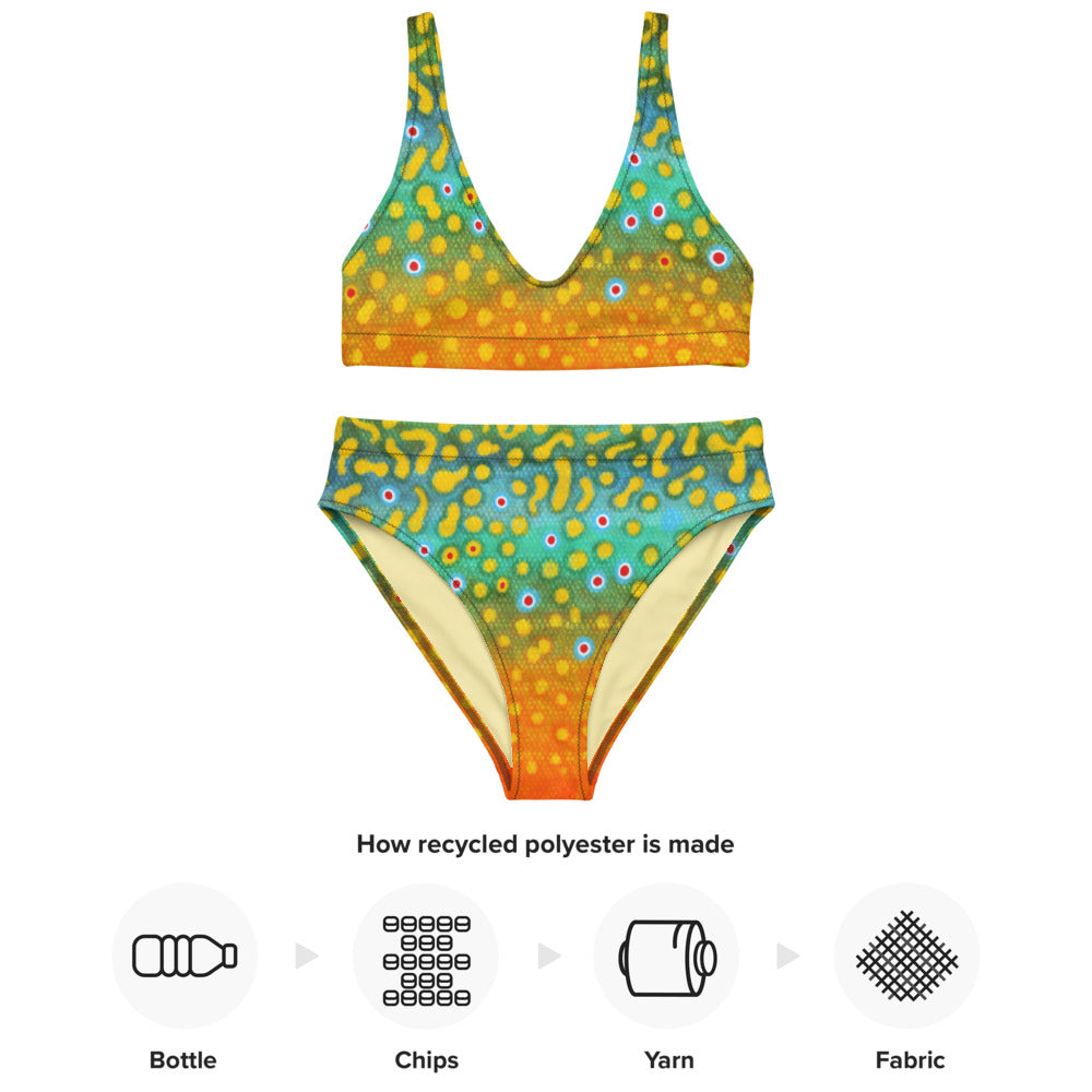 Recycled high-waisted bikini set: triangle top and high-rise briefs, bright dotted print