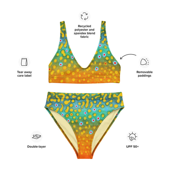 Recycled high-waisted bikini: matching top and bottoms, multicolor dot print, scoop neckline