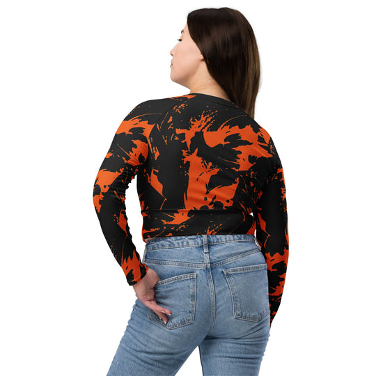 Spooky graffiti-style paint splatter fitted crop top, black with orange pattern (back)