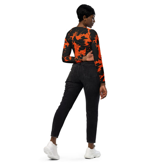 Spooky paint-splatter fitted crop top, black base with orange graffiti-style pattern