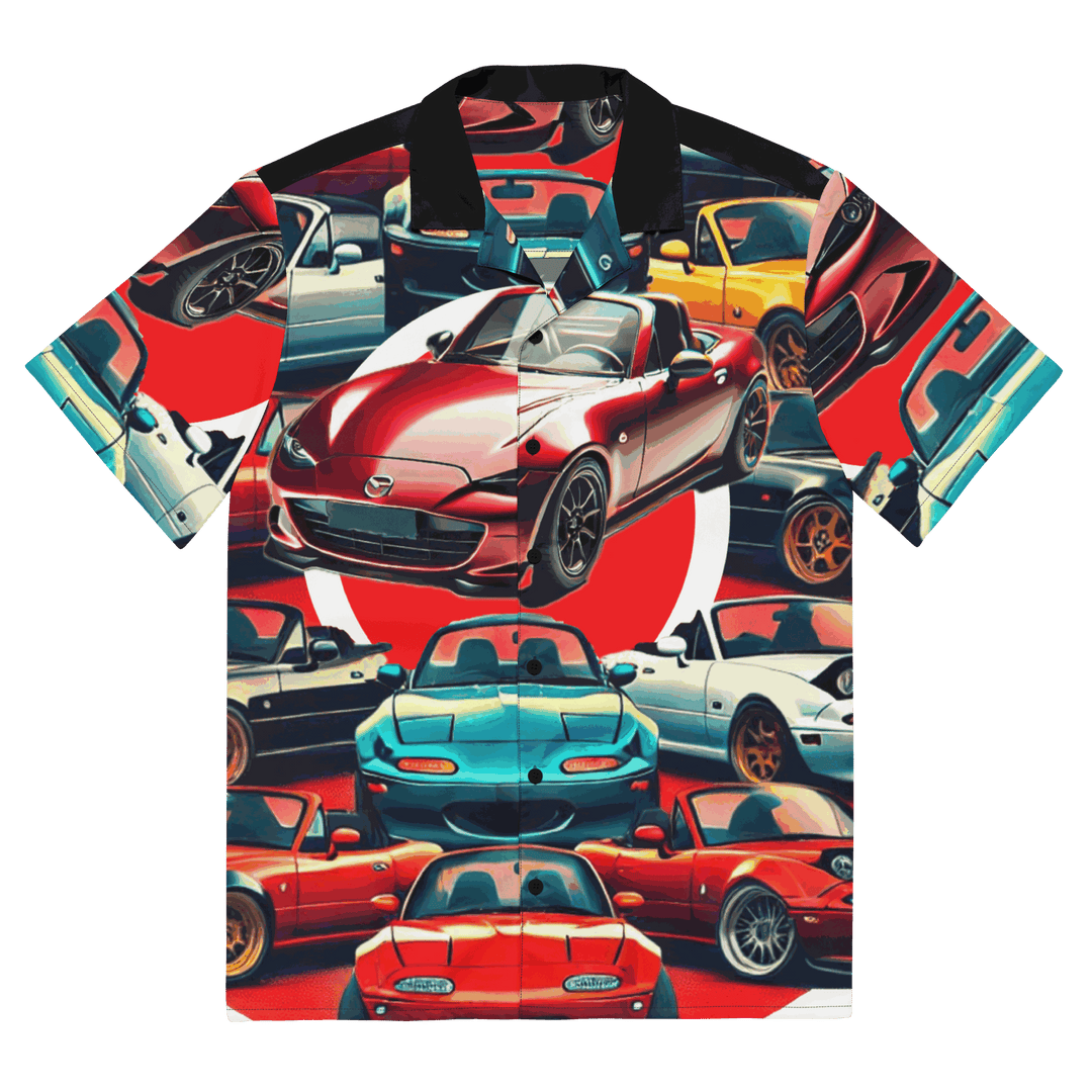 Hawaiian button-up shirt with colorful car print, red blue and teal.