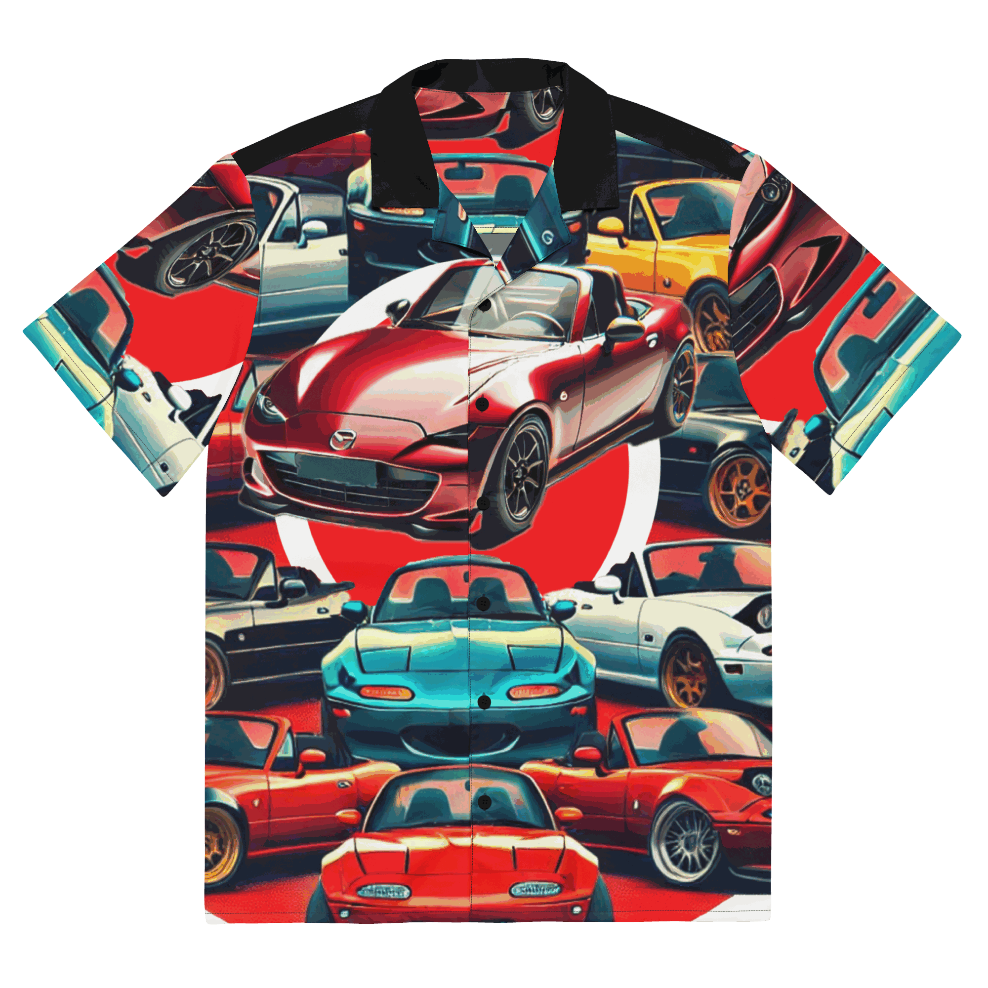 Hawaiian button-up shirt with colorful car print, red blue and teal.