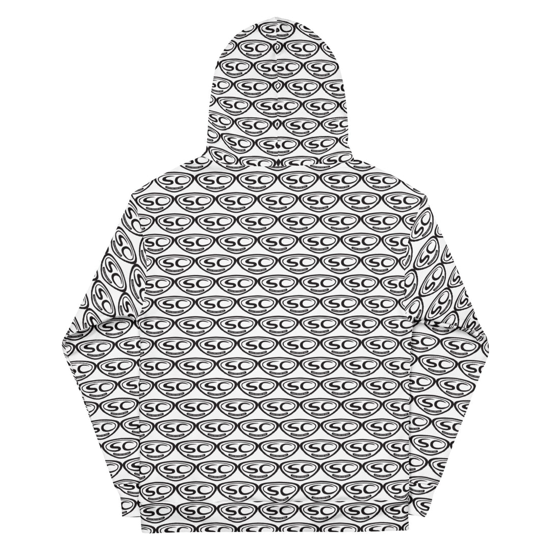 Fishscales hoodie back view, white with repeating black/gray scale pattern, hood