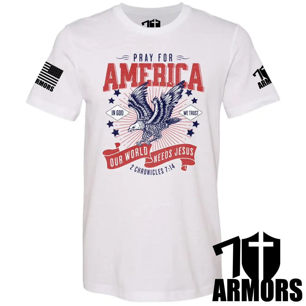 America Needs Jesus T-shirt white; front eagle graphic with patriotic lettering