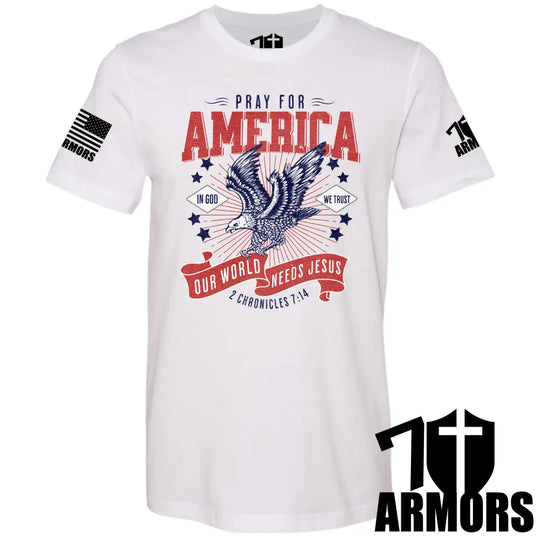 America Needs Jesus T-shirt white; front eagle graphic with patriotic lettering