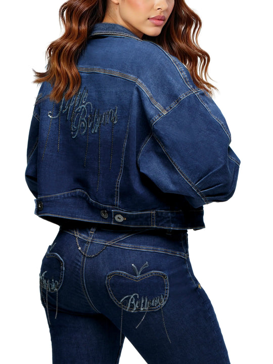 Denim chain-link style jacket with back script embroidery and button cuffs