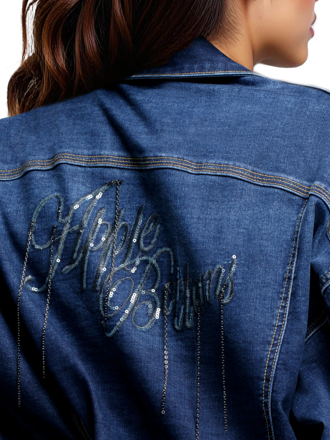 Back of denim chain-link jacket with sequined script and decorative stitched lines