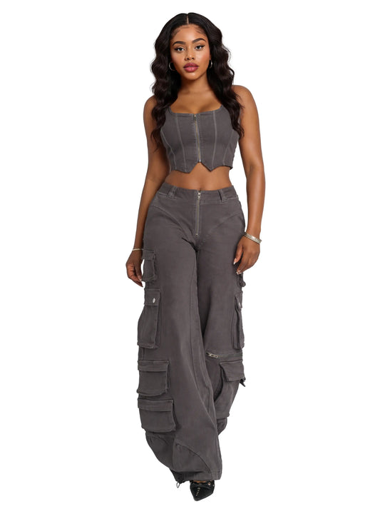 Low-rise twill cargo pants, dark charcoal, front utility pockets and relaxed straight legs