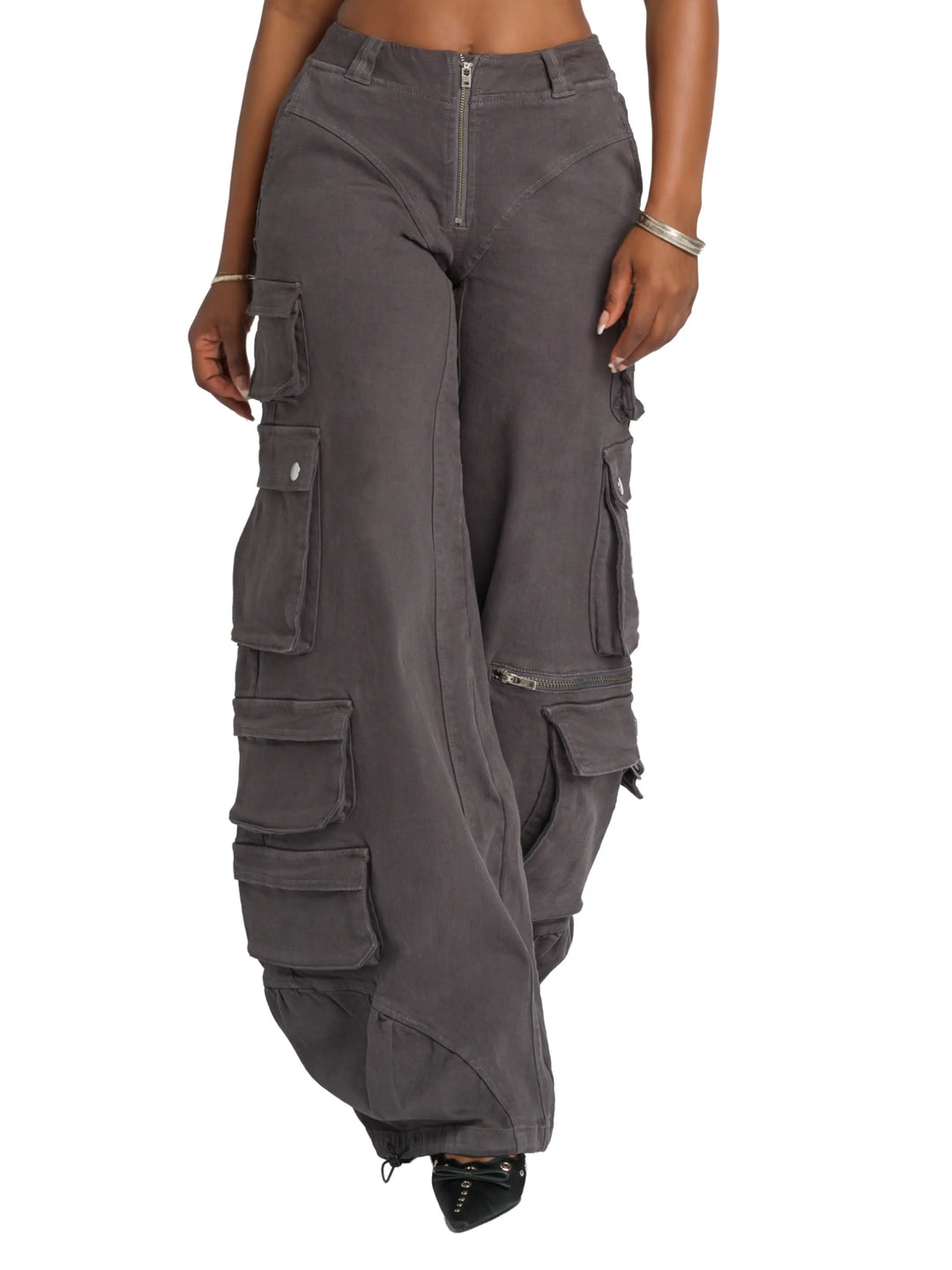 Low-rise twill cargo pants by Apple Bottom Jeans, dark charcoal, zip fly and cargo pockets