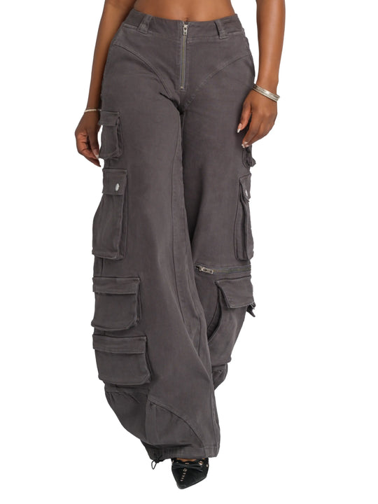 Low-rise twill cargo pants by Apple Bottom Jeans, dark charcoal, zip fly and cargo pockets