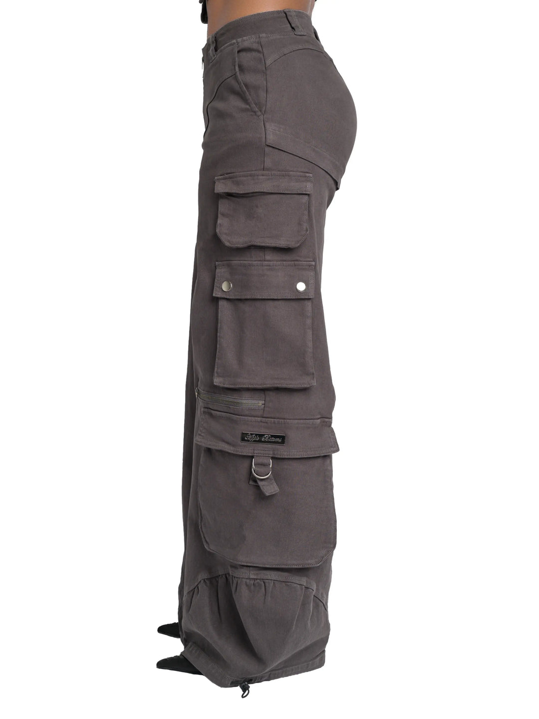 Low-rise twill cargo pants side view, dark charcoal with cargo flap pockets