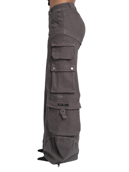 Low-rise twill cargo pants side view, dark charcoal with cargo flap pockets